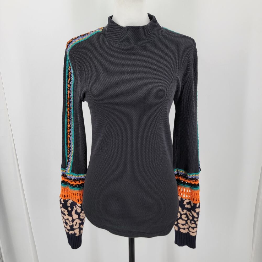 Free People Womens L Thermal Waffle Knit Mock Neck Crochet Sleeve Pullover Top